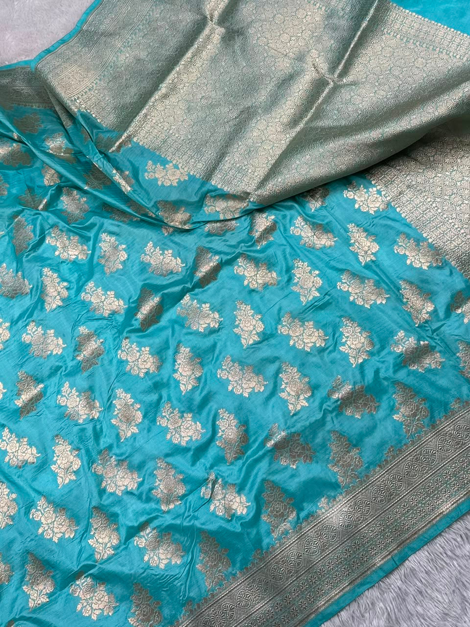 Aqua Blue Pure Katan Silk Banarasi Saree