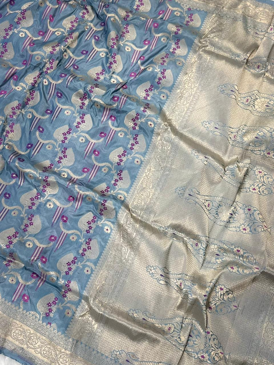 Powder Blue Pure Banarasi Silk Saree – Meenakari Jaal | Authentic Banaras