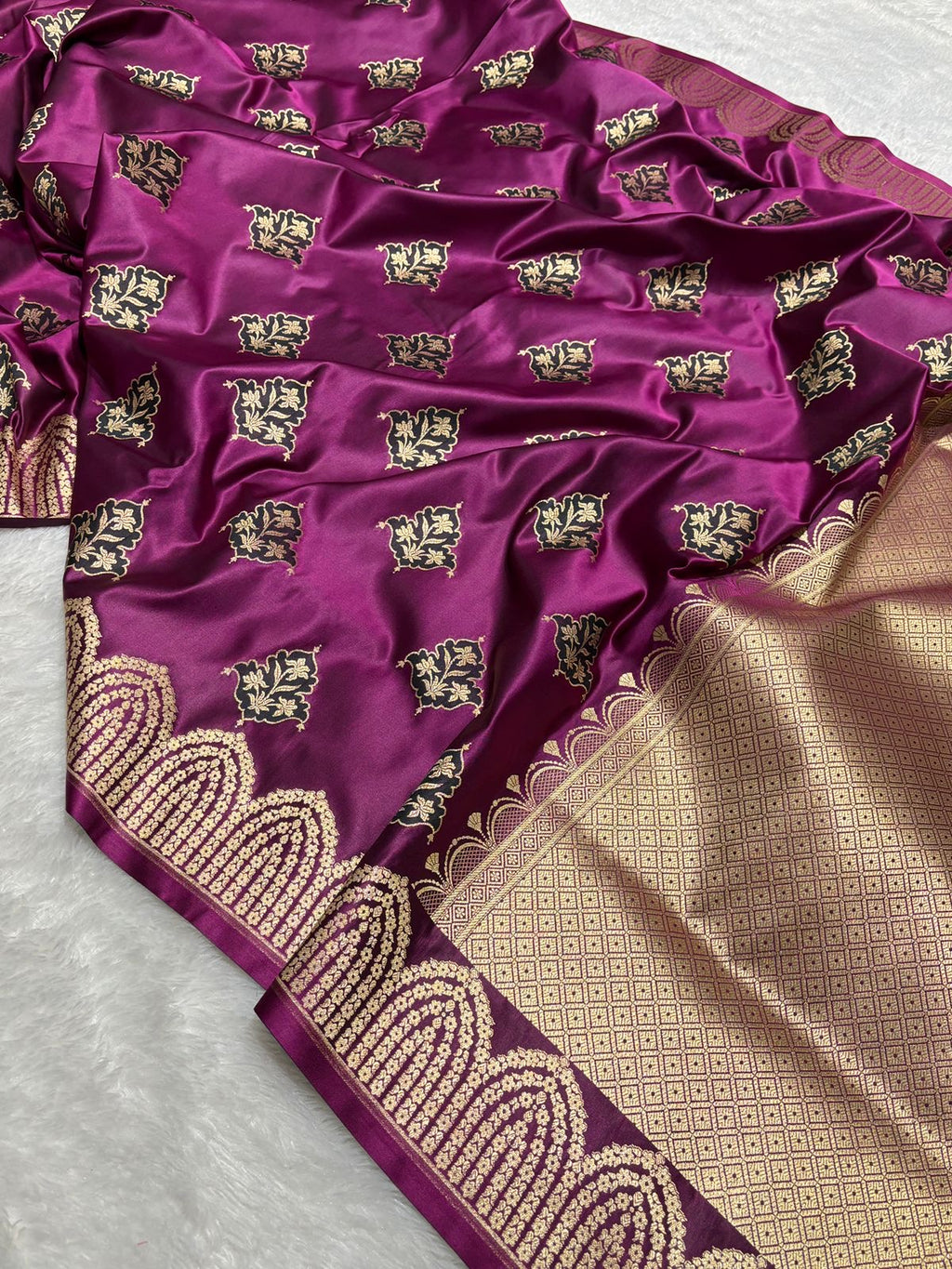 Purple with Gold and Green floral patterns Mashru SIlk Banarasi Saree
