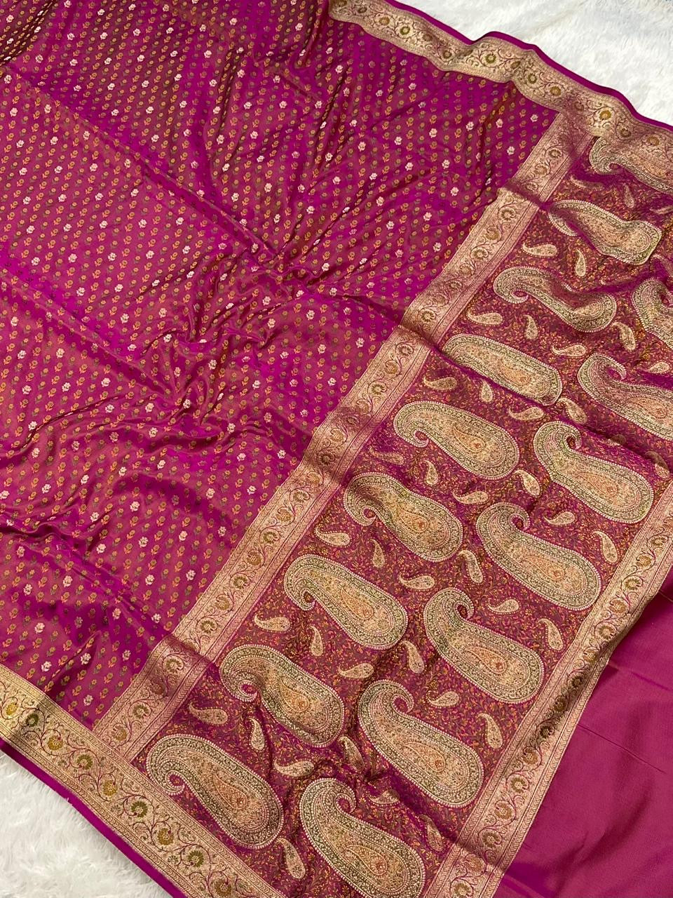 Jamawar Meenedar Buti Satin Katan Silk Banarasi Saree