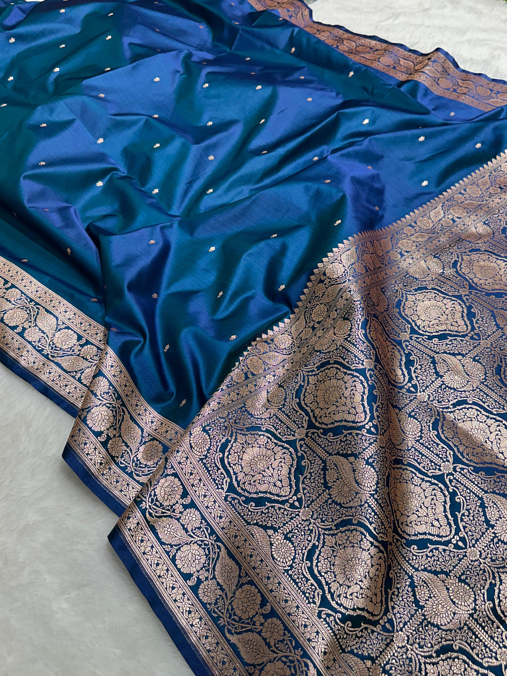 Premium Blue with Gold Buti Mashru Silk Saree with Grand Pallu