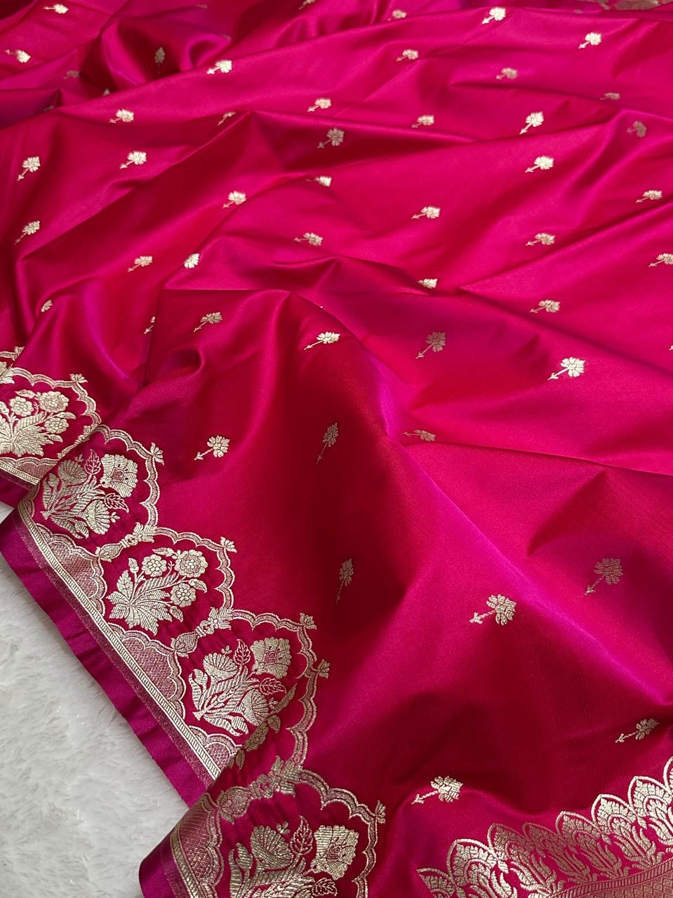 Rani Pink Shade Mashru With Gold Buti Saree and with Grand Pallu