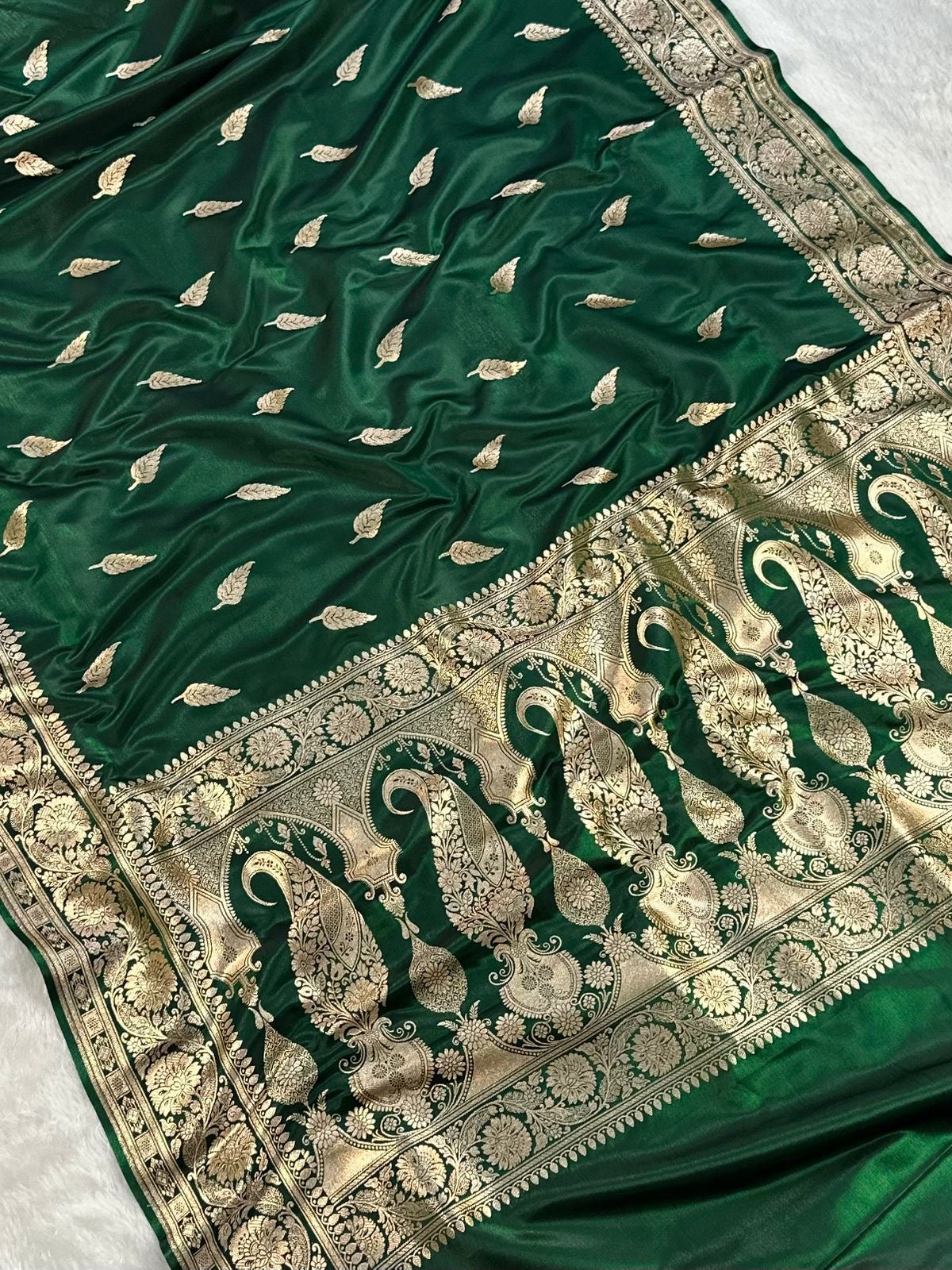 Deep Green Booti Satin Silk Saree
