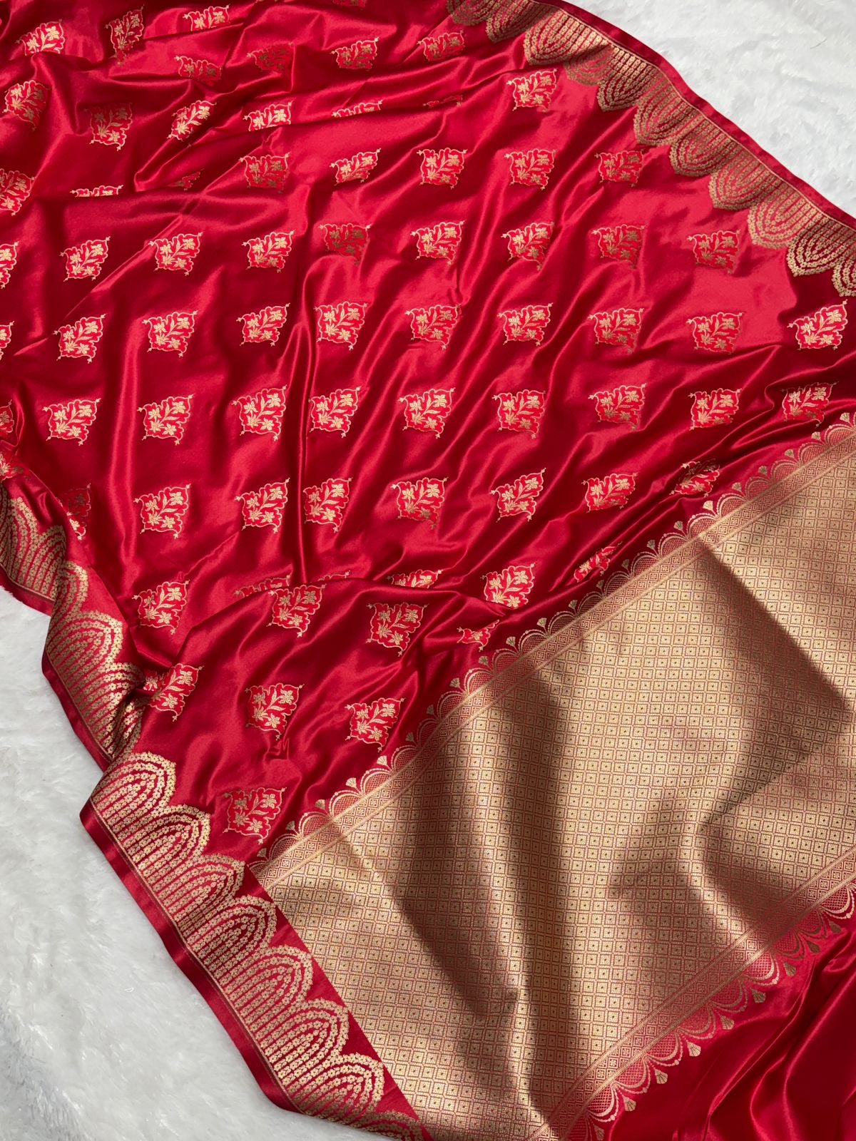 Bridal Red with Gold and Red floral patterns Mashru SIlk Banarasi Saree