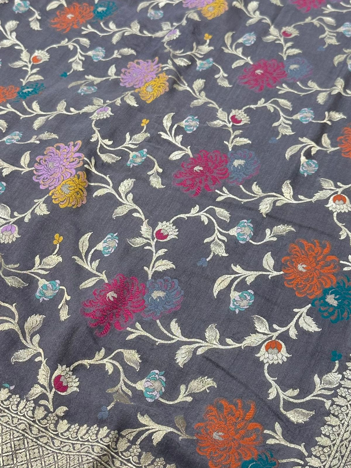 Pure Desi Tussar Ash Grey Meenakari Jangla Pattern