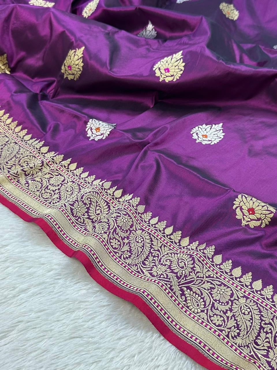 Purple Handwoven Vintage Pure Banarasi Katan Silk Saree – Kadua Weave, Pure Katan Silk