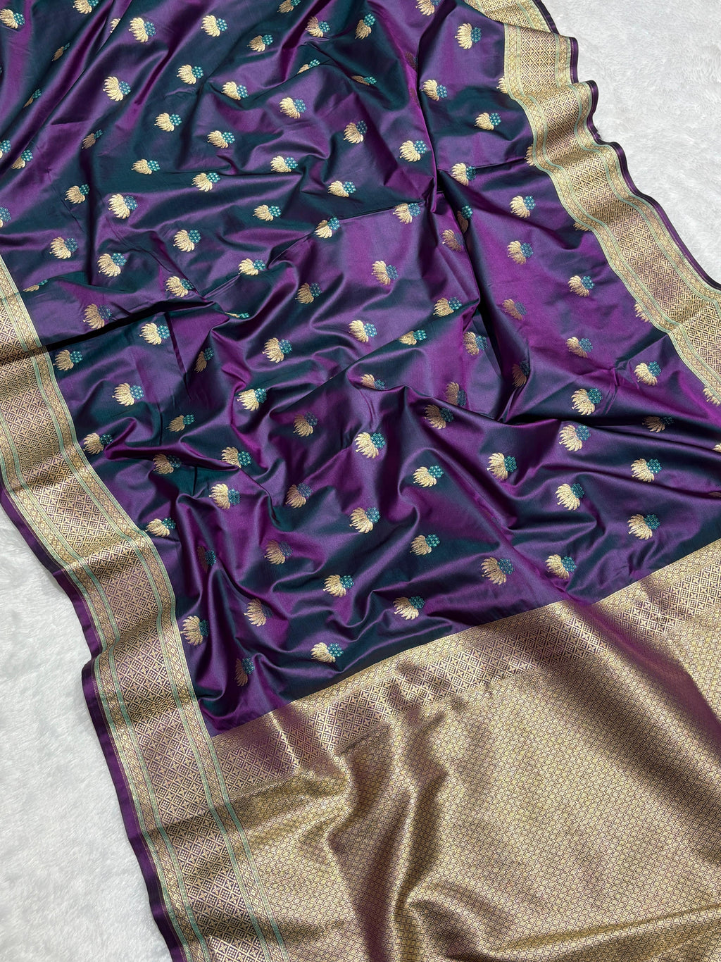 Purple saree with Gold Border and and Meena Buta in Intricate Patterns Mashru Silk Saree