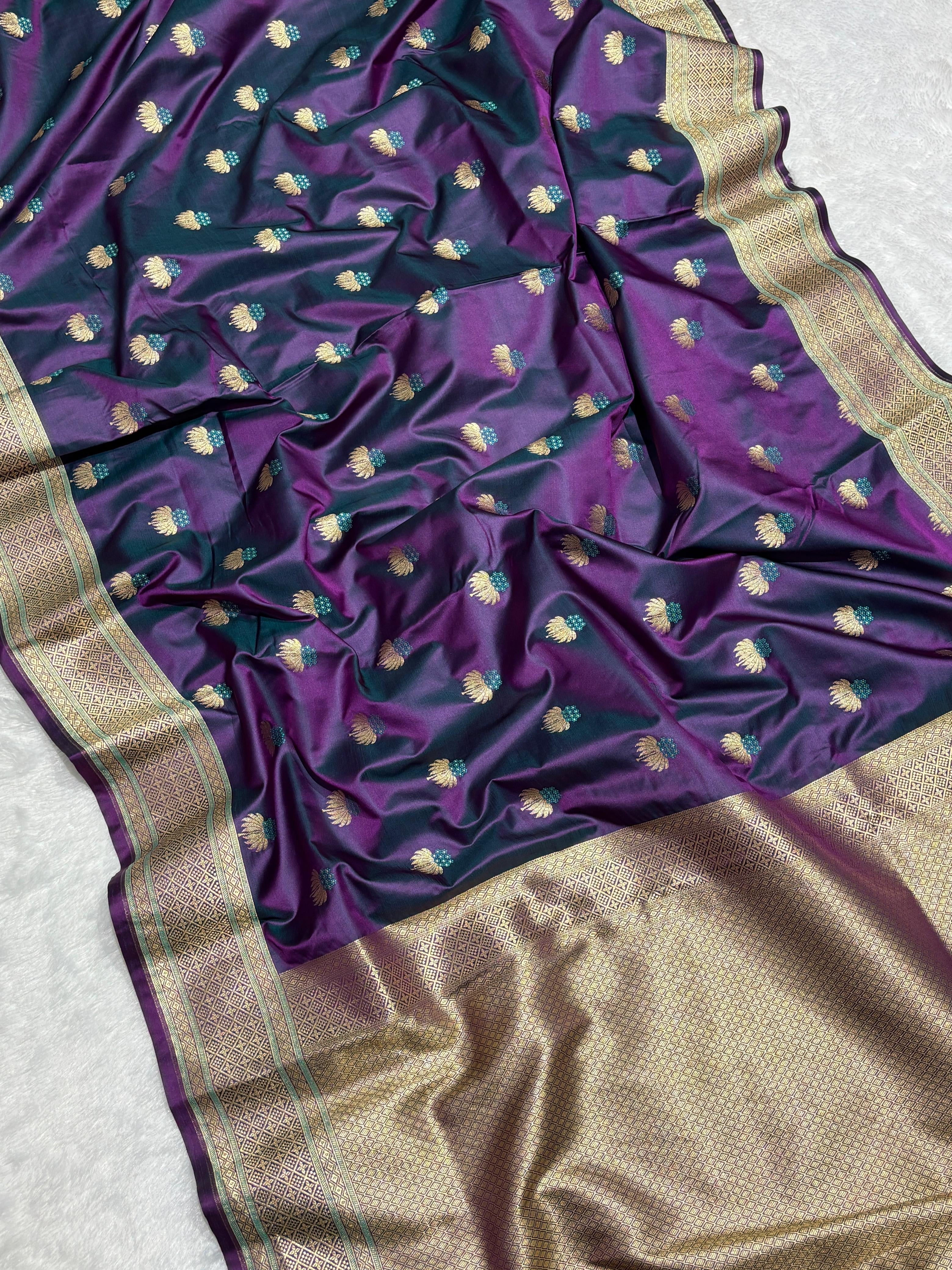 Purple saree with Gold Border and and Meena Buta in Intricate Patterns Mashru Silk Saree