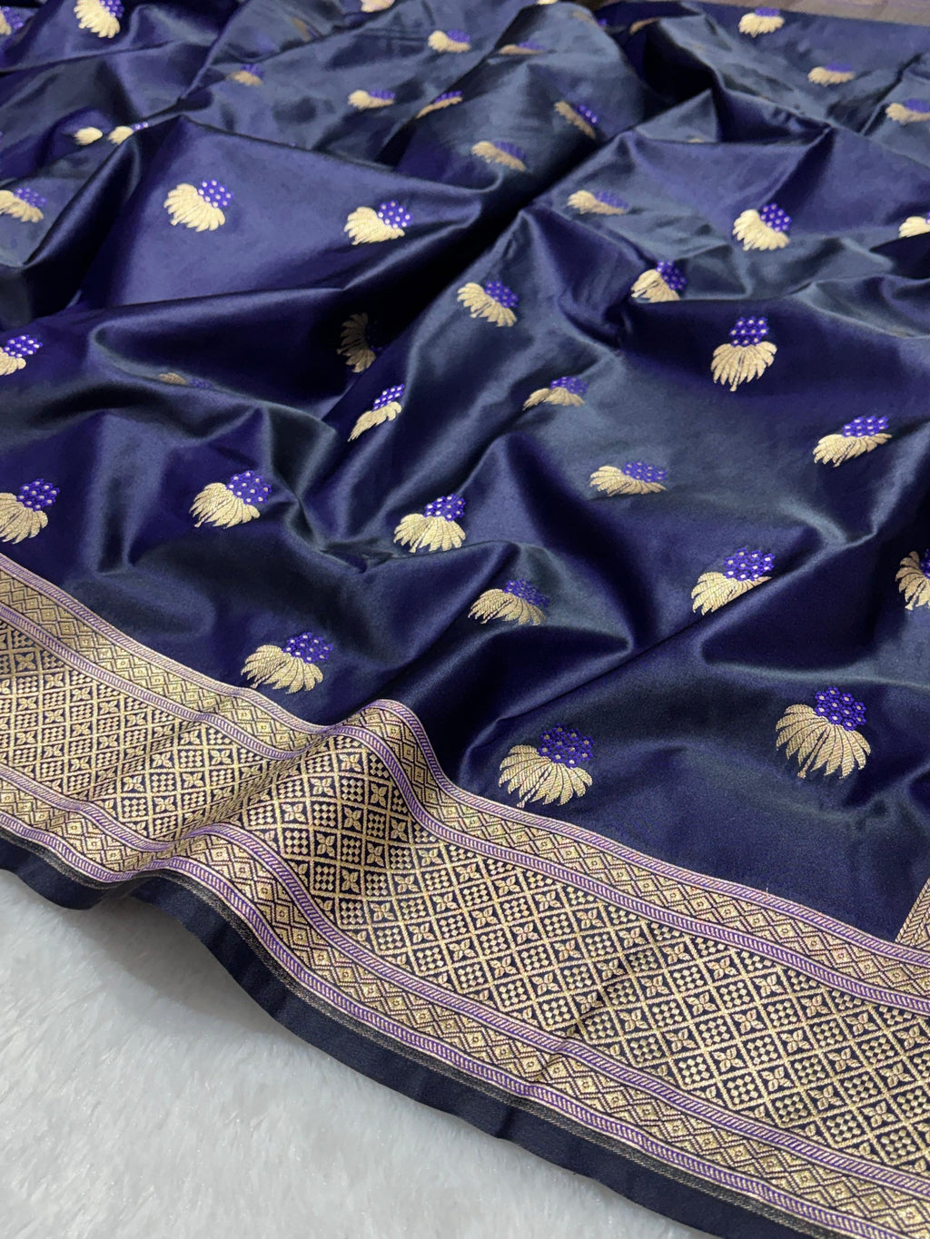 Navy Blue Mesmerising Mashru Silk Saree in Meena Buta pattern with gold zari