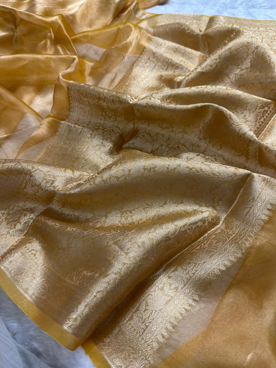 Golden Yellow Pure Banarasi Tissue Saree