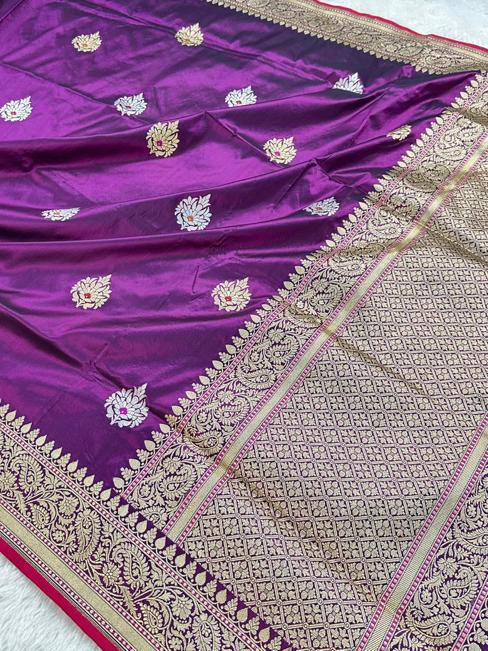 Purple Handwoven Vintage Pure Banarasi Katan Silk Saree – Kadua Weave, Pure Katan Silk