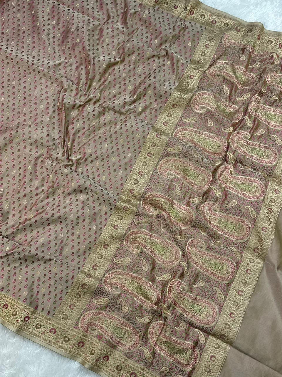 Jamawar Meenedar Buti Satin Katan Silk Banarasi Saree