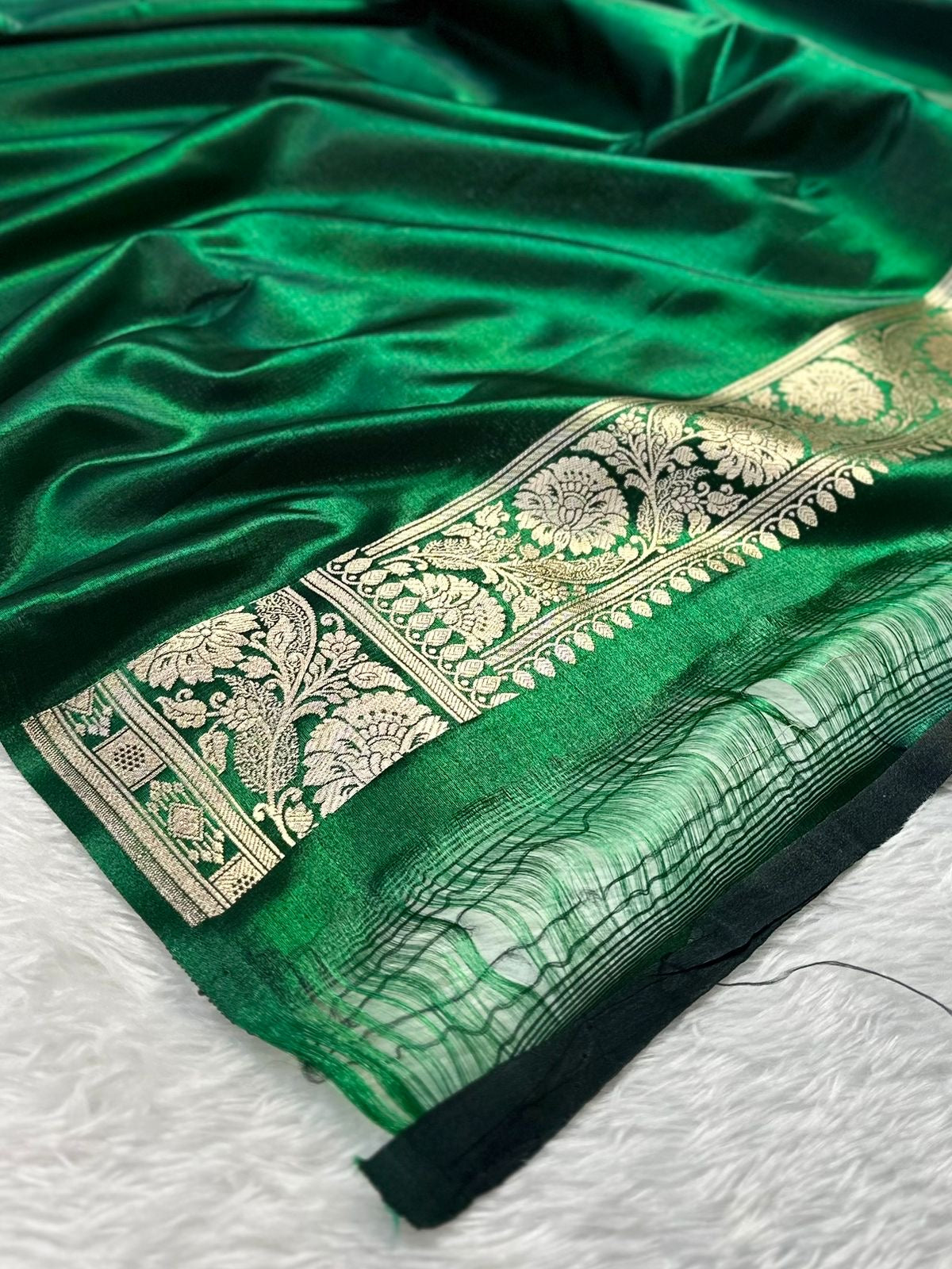 Deep Green Booti Satin Silk Saree