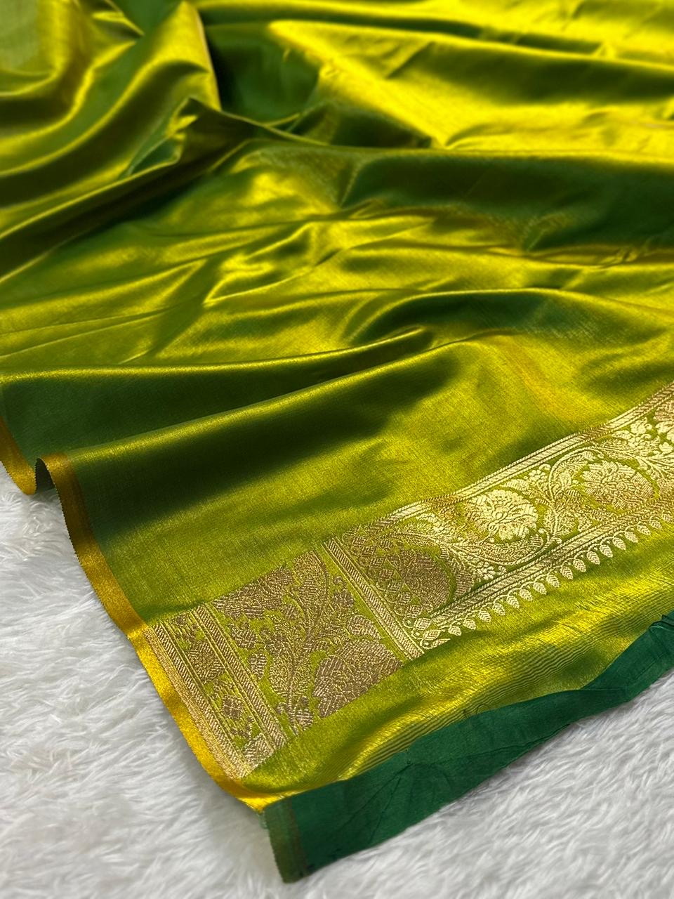 Lemon Green Satin Silk Banarasi Saree