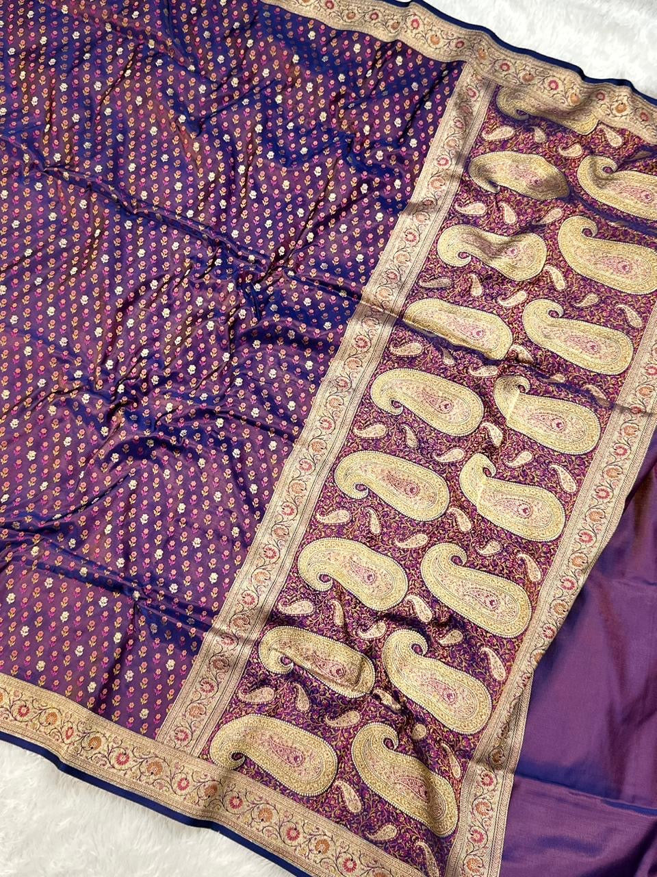 Jamawar Meenedar Buti Satin Katan Silk Banarasi Saree
