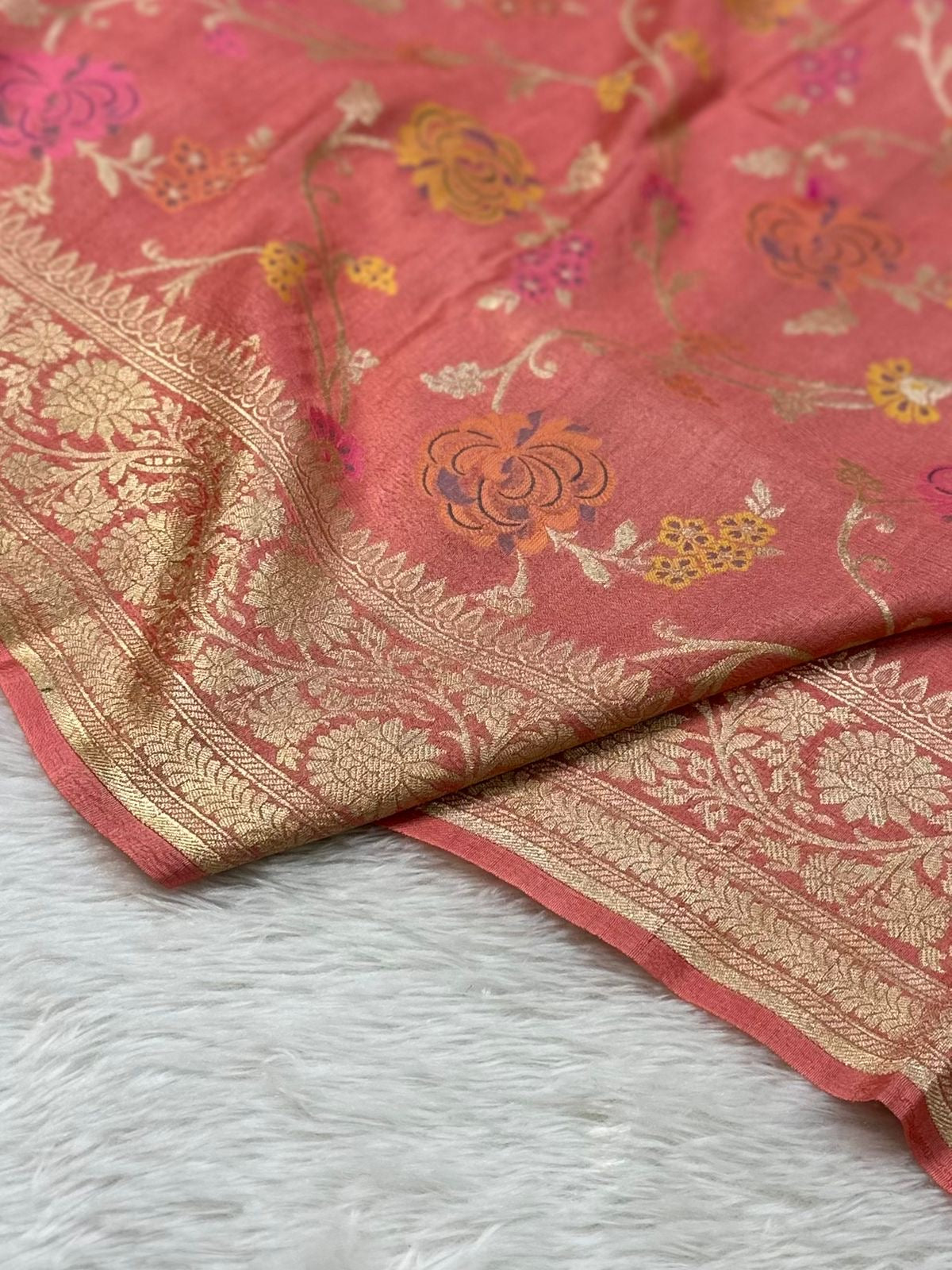 Peach Handwoven Desi Tussar Georgette Banarasi Saree