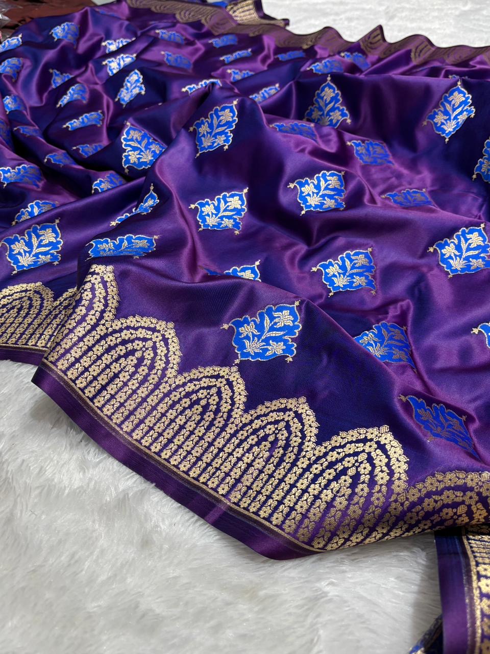Purple with Gold and Blue floral patterns Mashru SIlk Banarasi Saree