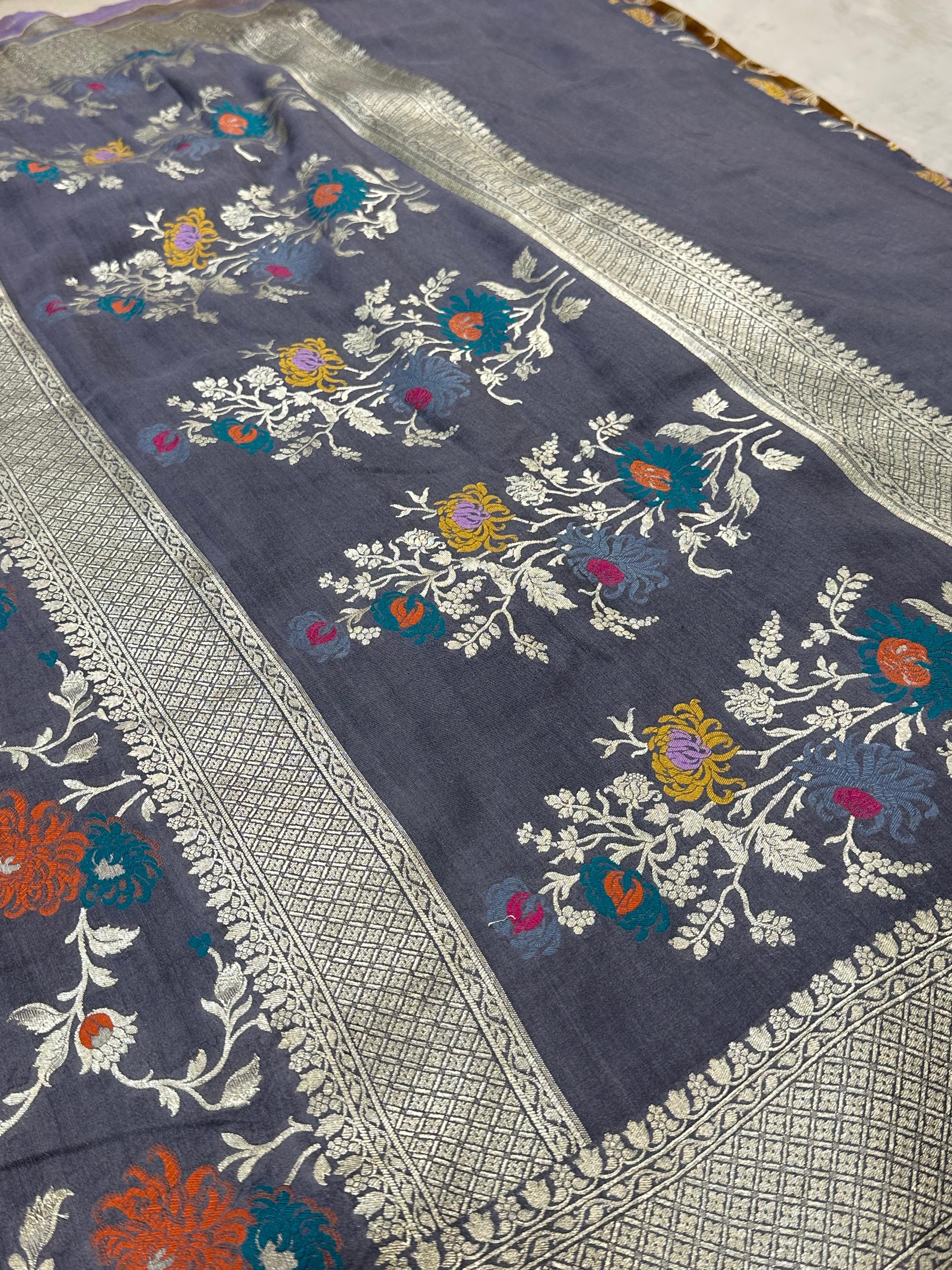 Pure Desi Tussar Ash Grey Meenakari Jangla Pattern