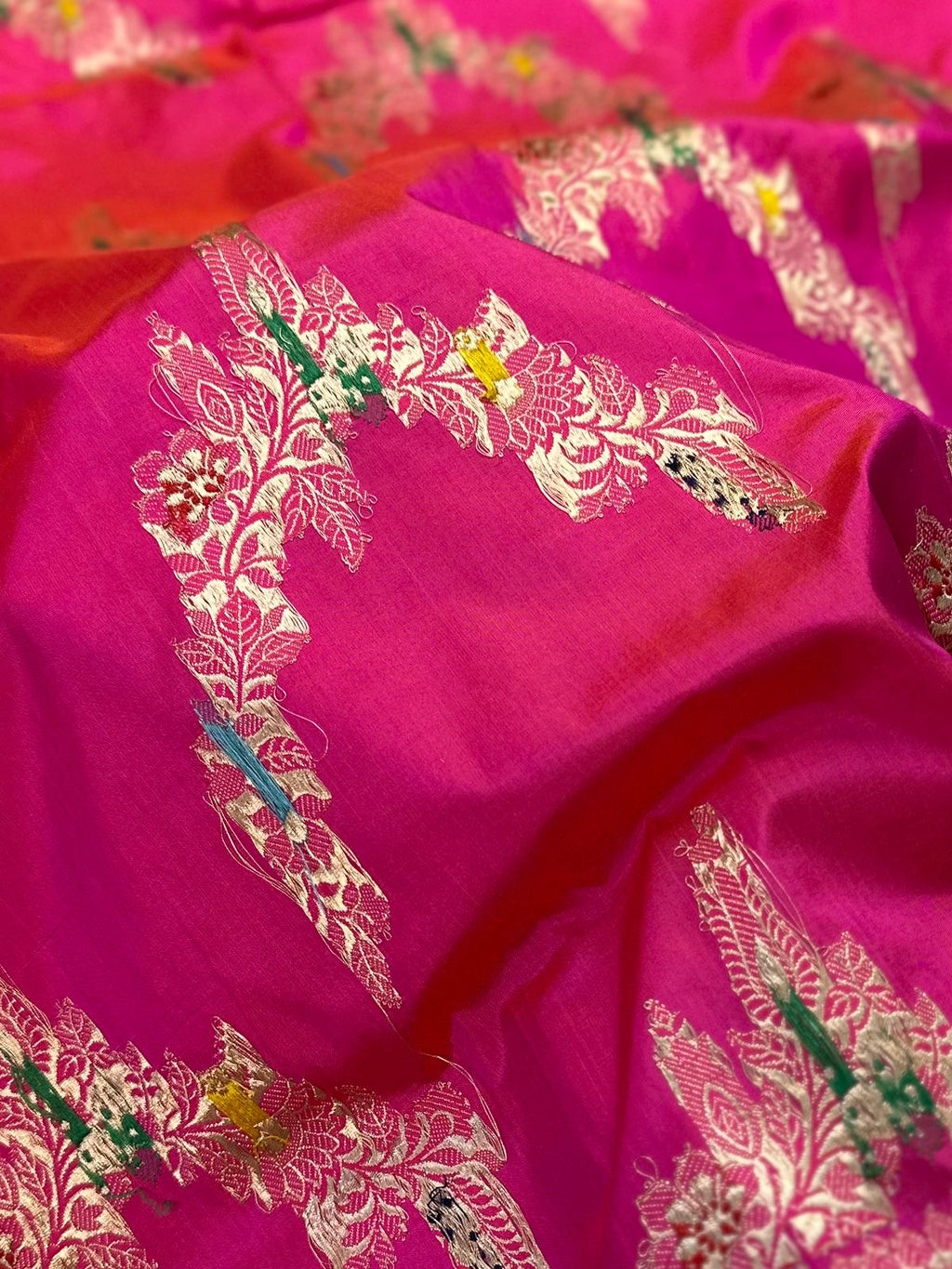 Rani Pink Pure Katan Silk Kadua Weave Banarasi Saree with Menakari Jaal Pattern
