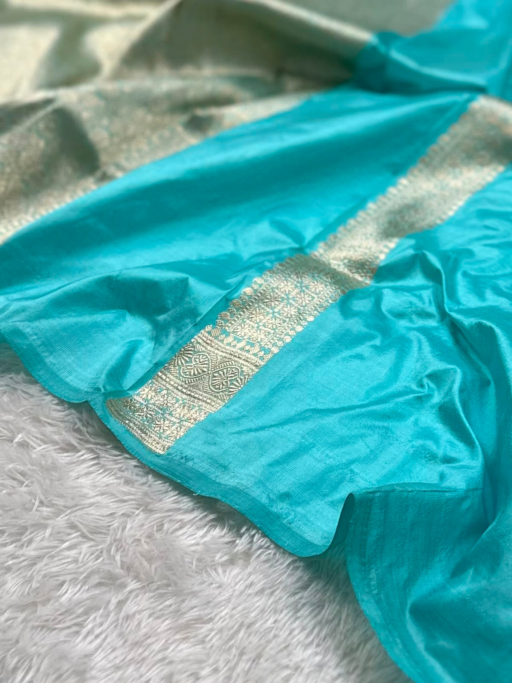 Aqua Blue Pure Katan Silk Banarasi Saree