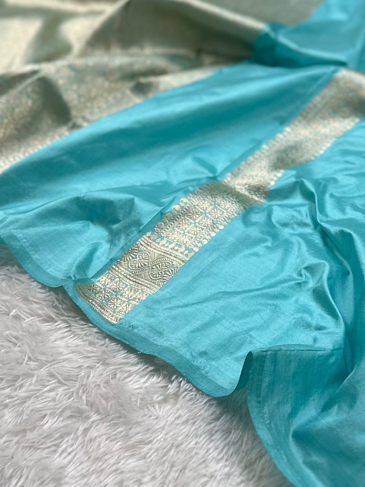 Aqua Blue Pure Katan Silk Banarasi Saree