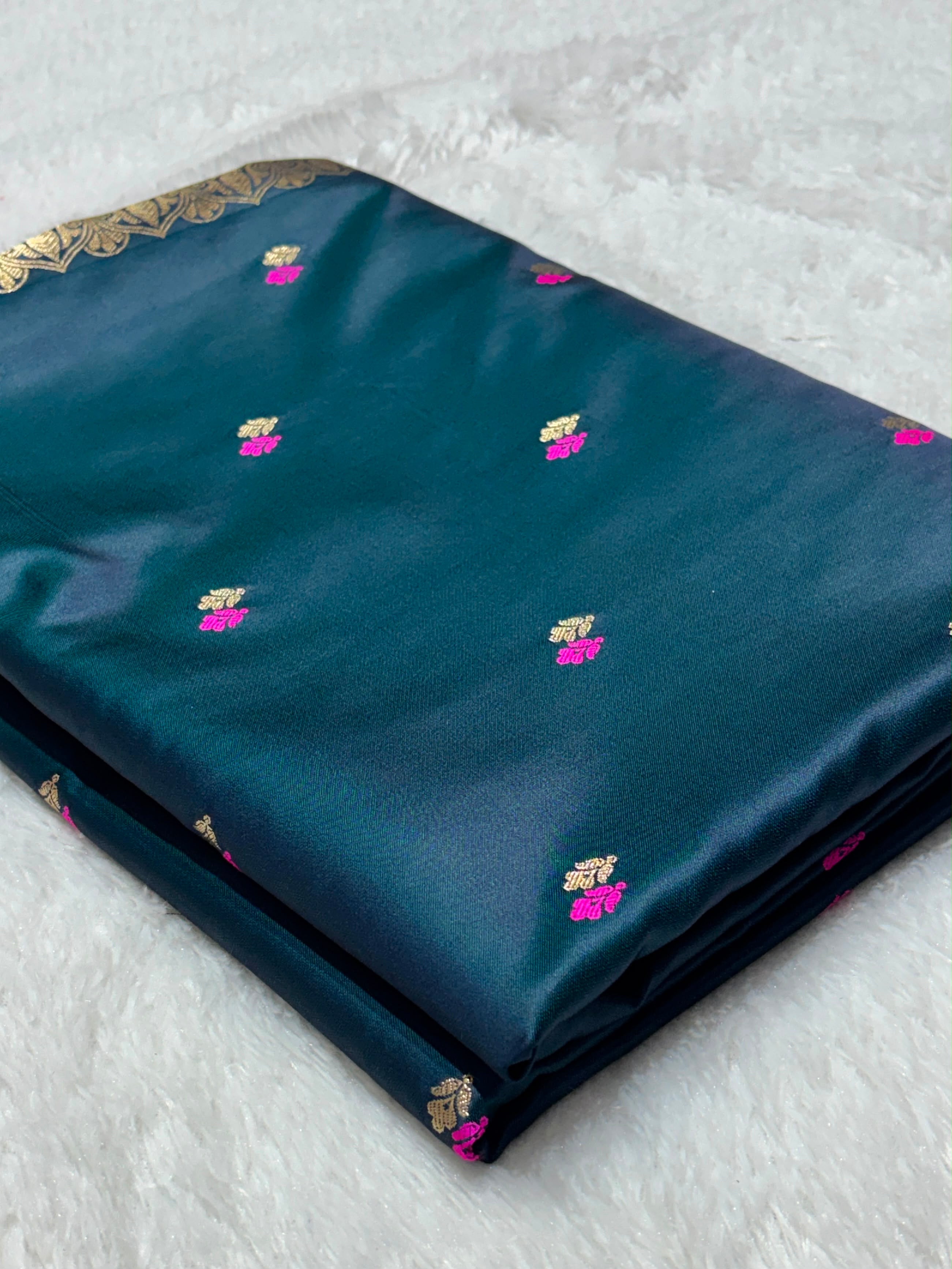 Dot Buta Dark Teal Blue Mashru Silk Banarasi Saree in
