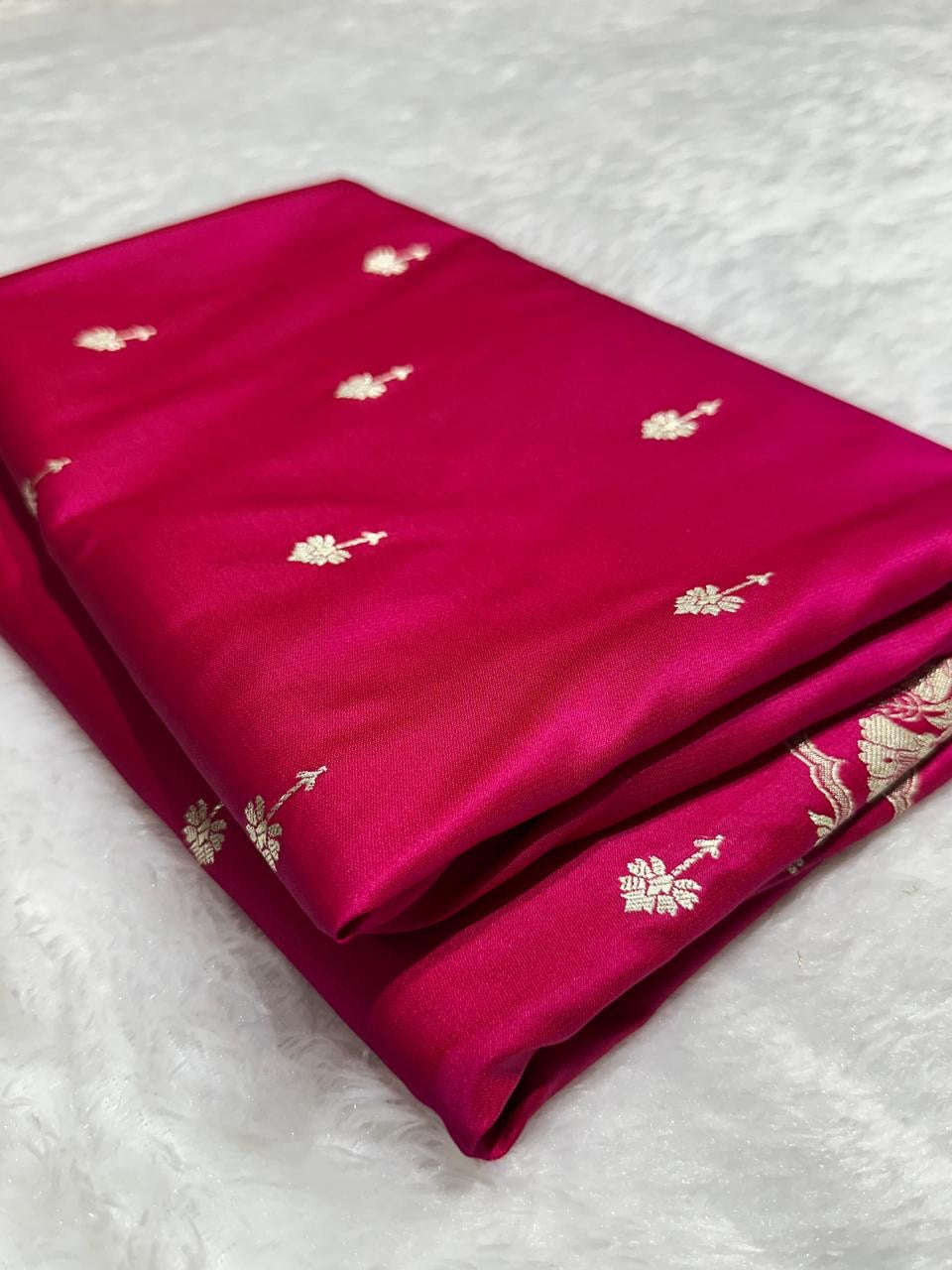Rani Pink Shade Mashru With Gold Buti Saree and with Grand Pallu