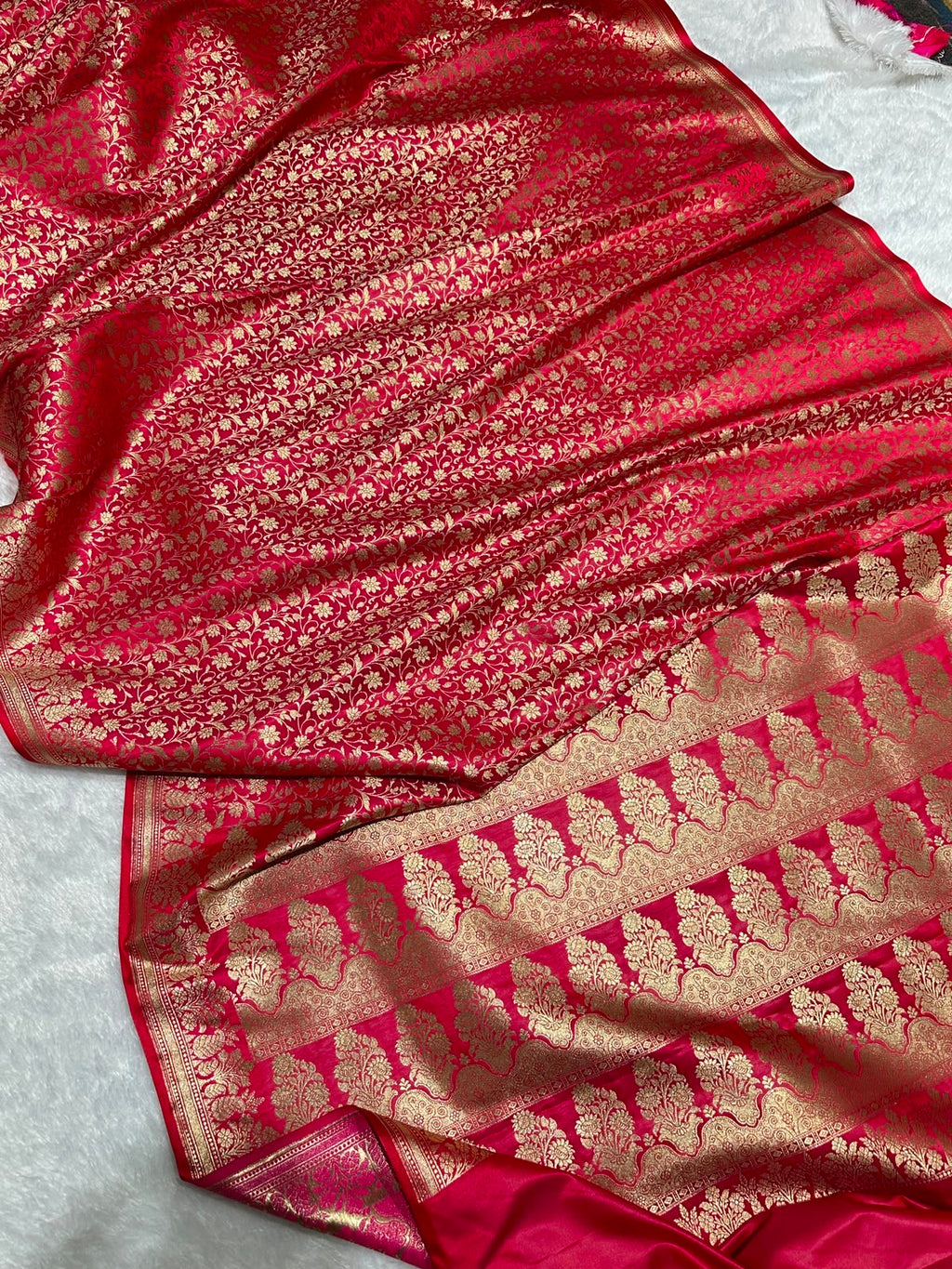 Mashru Banarasi Silk Saree in Red Floral Brocade