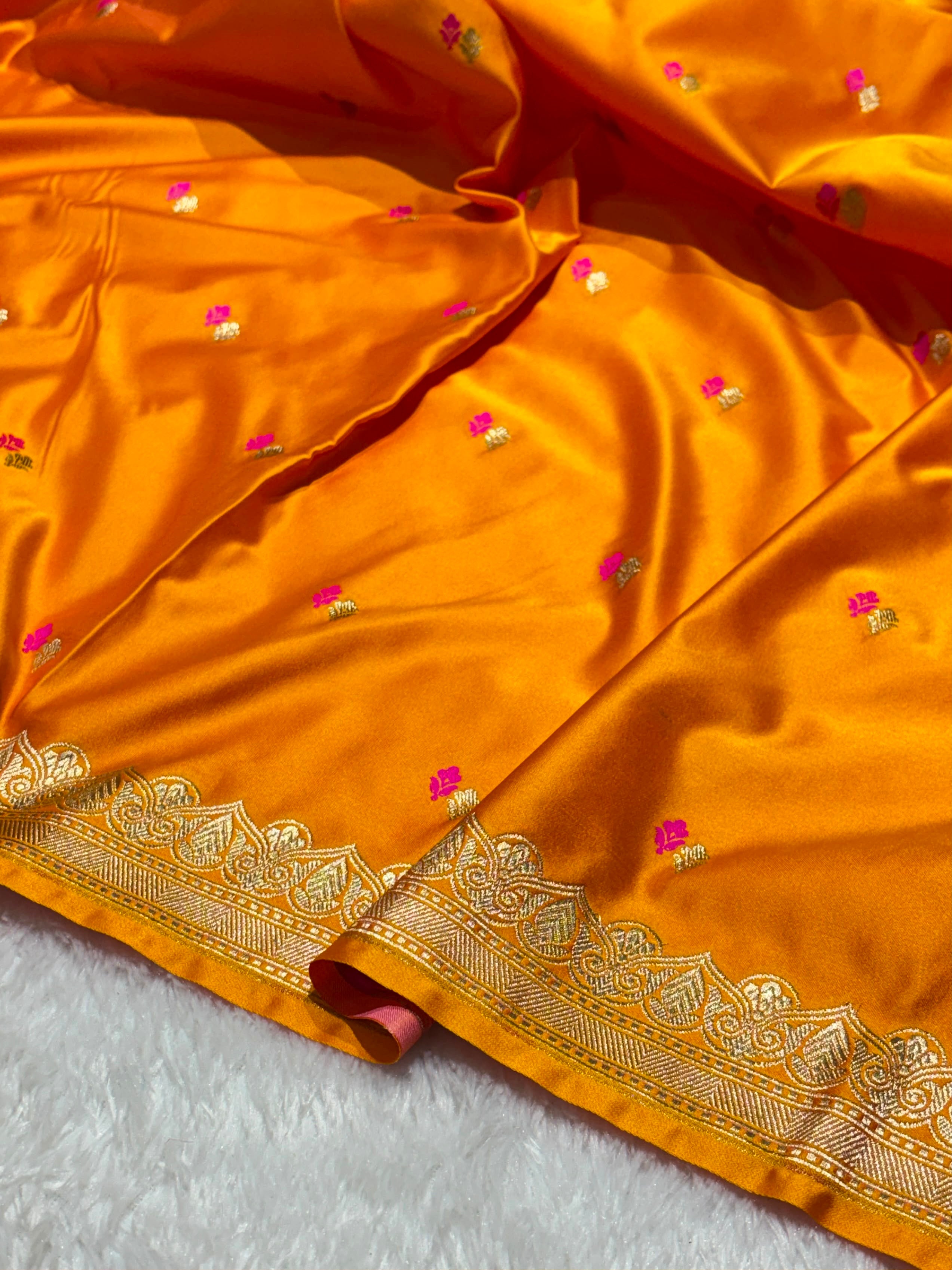 Dot Buta Saffron Orange Mashru Silk Banarasi Saree