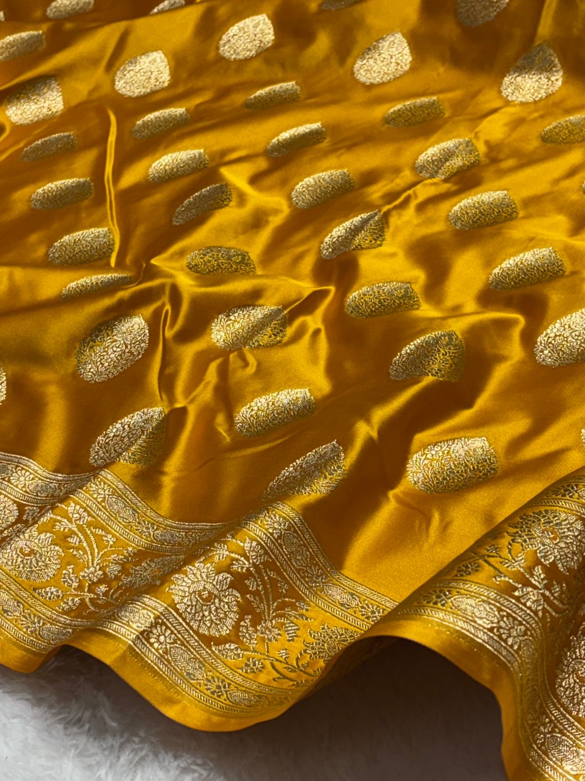 Mustard Yellow Buta Mashru Silk Banarasi Saree