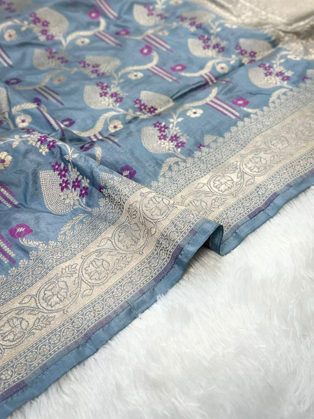 Powder Blue Pure Banarasi Silk Saree – Meenakari Jaal | Authentic Banaras