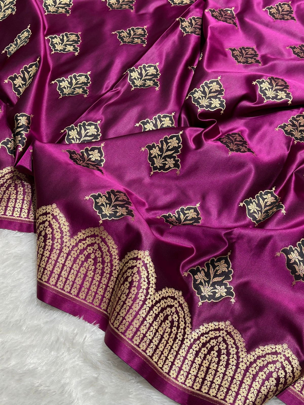 Purple with Gold and Green floral patterns Mashru SIlk Banarasi Saree