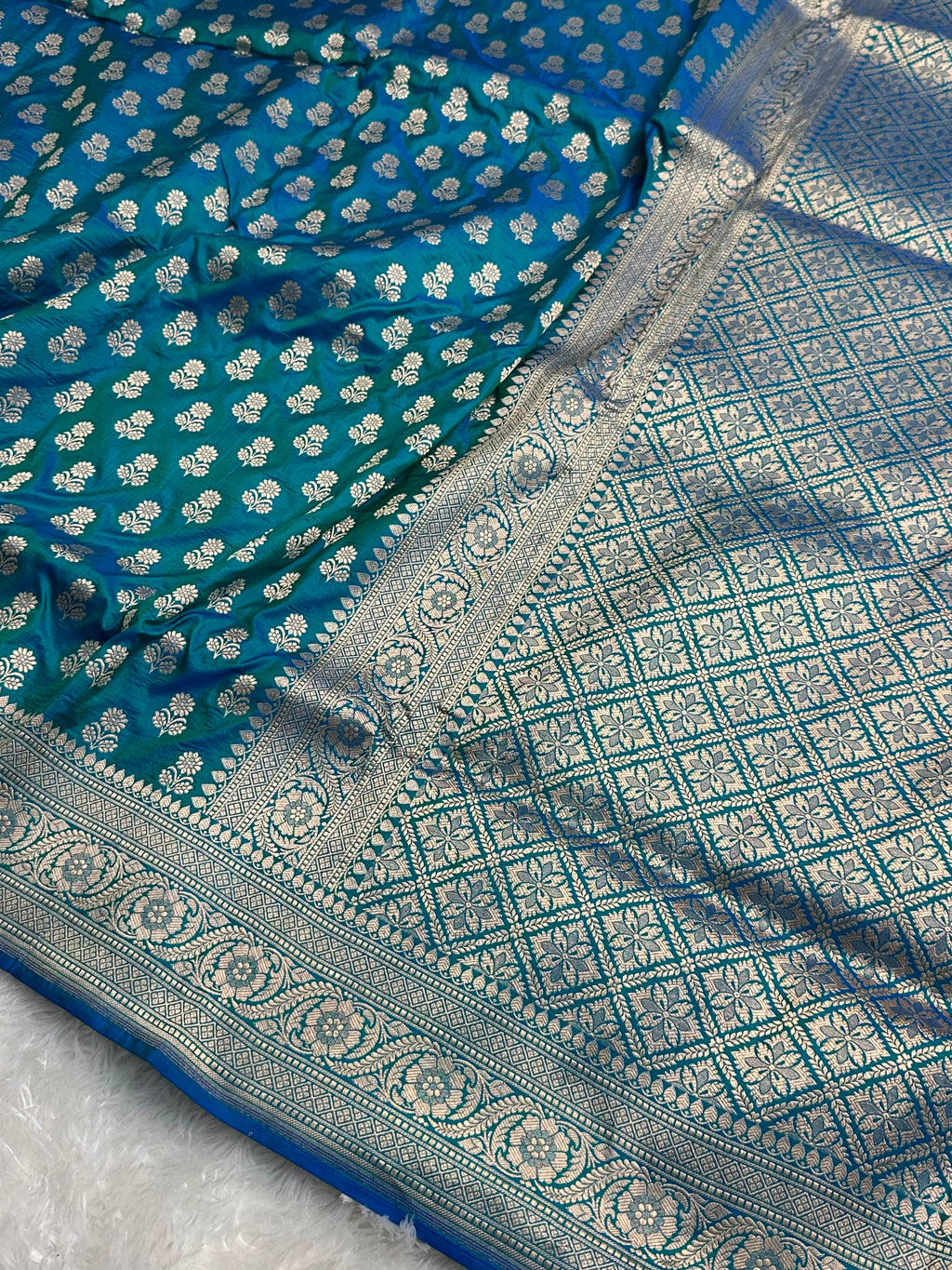 Teal Blue Pure Katan Silk Buti Banarasi Saree