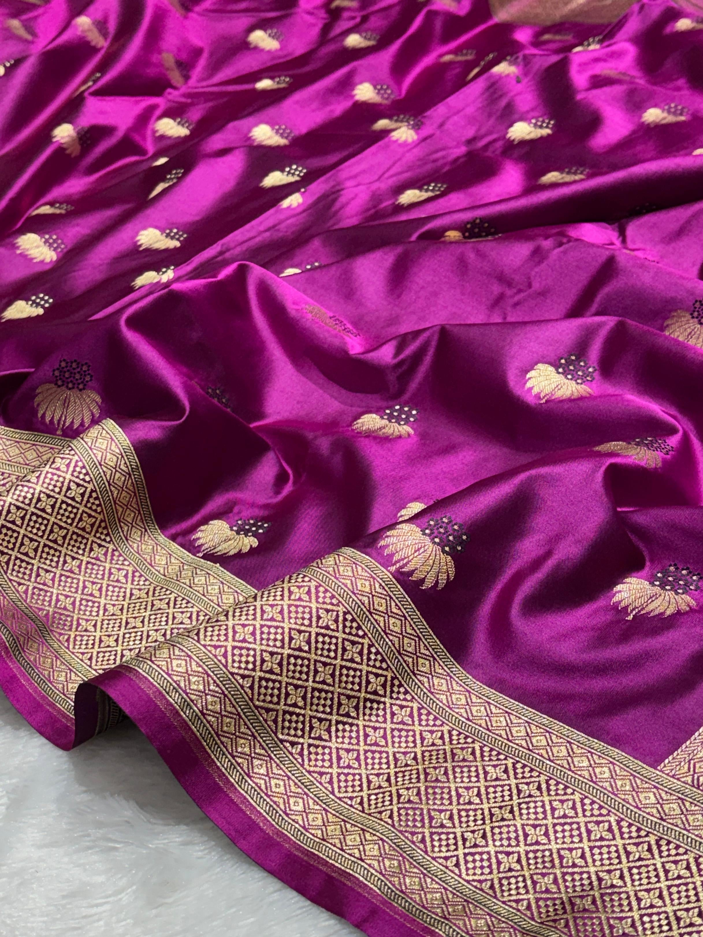 Mesmerising Magenta Color Mashru silk Saree with Gold Border and and Meena Buta in Intricate Patterns