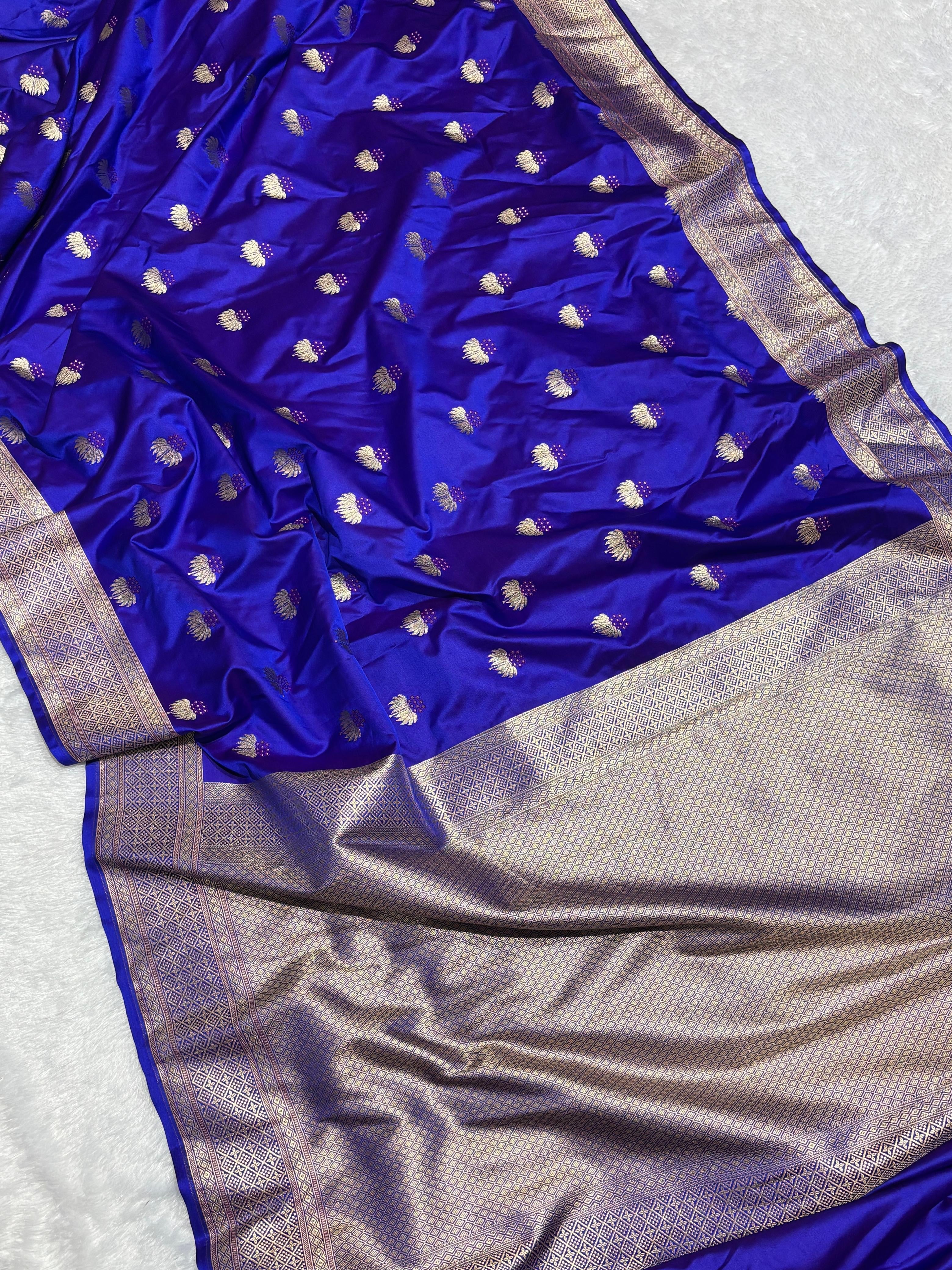 Royal Blue Shades Banarasi Boota Pattern Minakari Floral Mashru Silk Saree