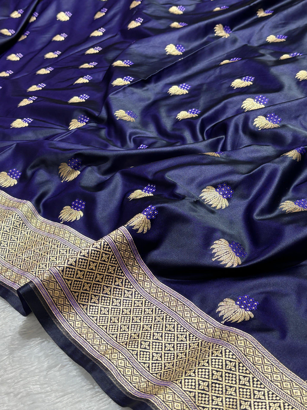Navy Blue Mesmerising Mashru Silk Saree in Meena Buta pattern with gold zari