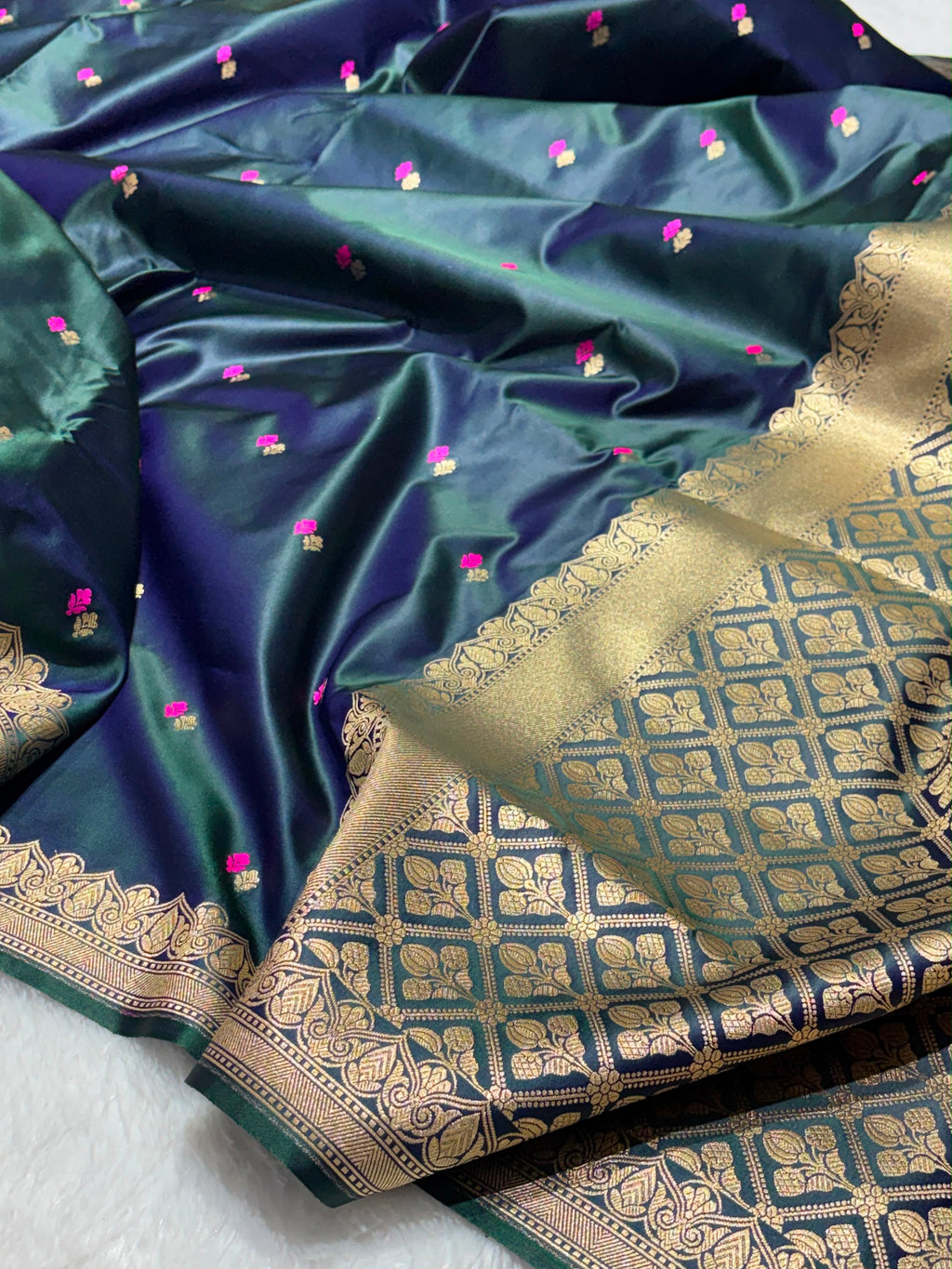 Dot Buta Dark Teal Blue Mashru Silk Banarasi Saree in