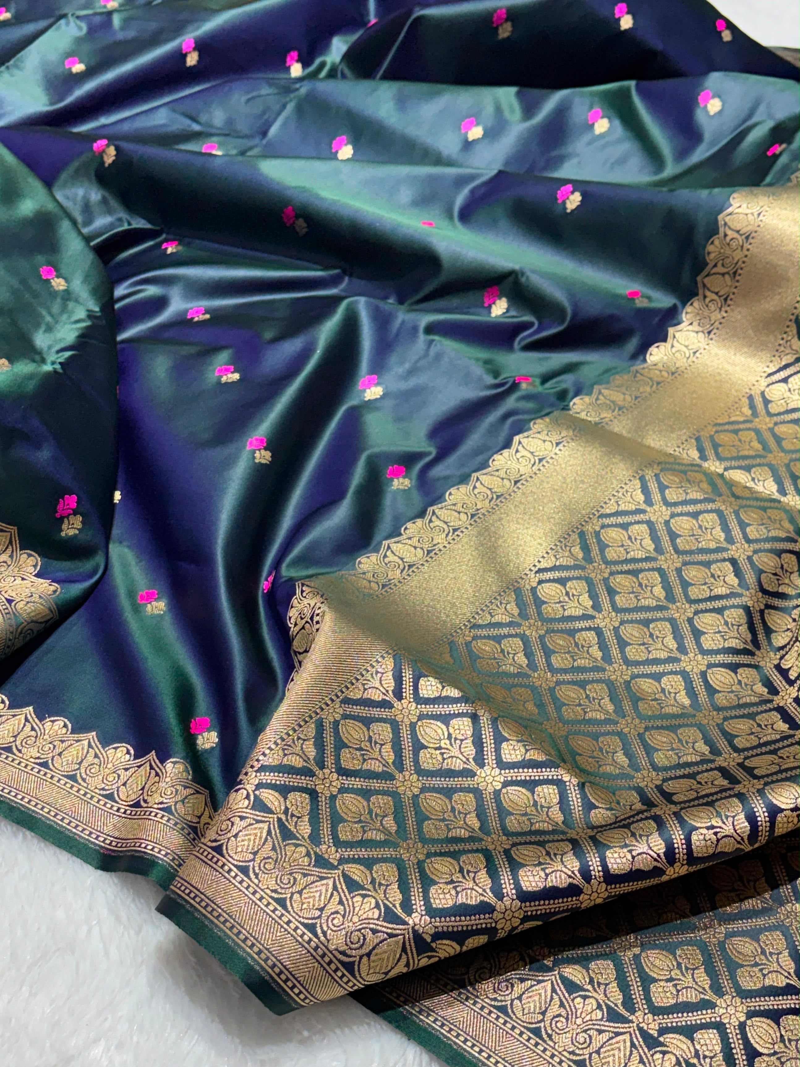 Dot Buta Dark Teal Blue Mashru Silk Banarasi Saree in