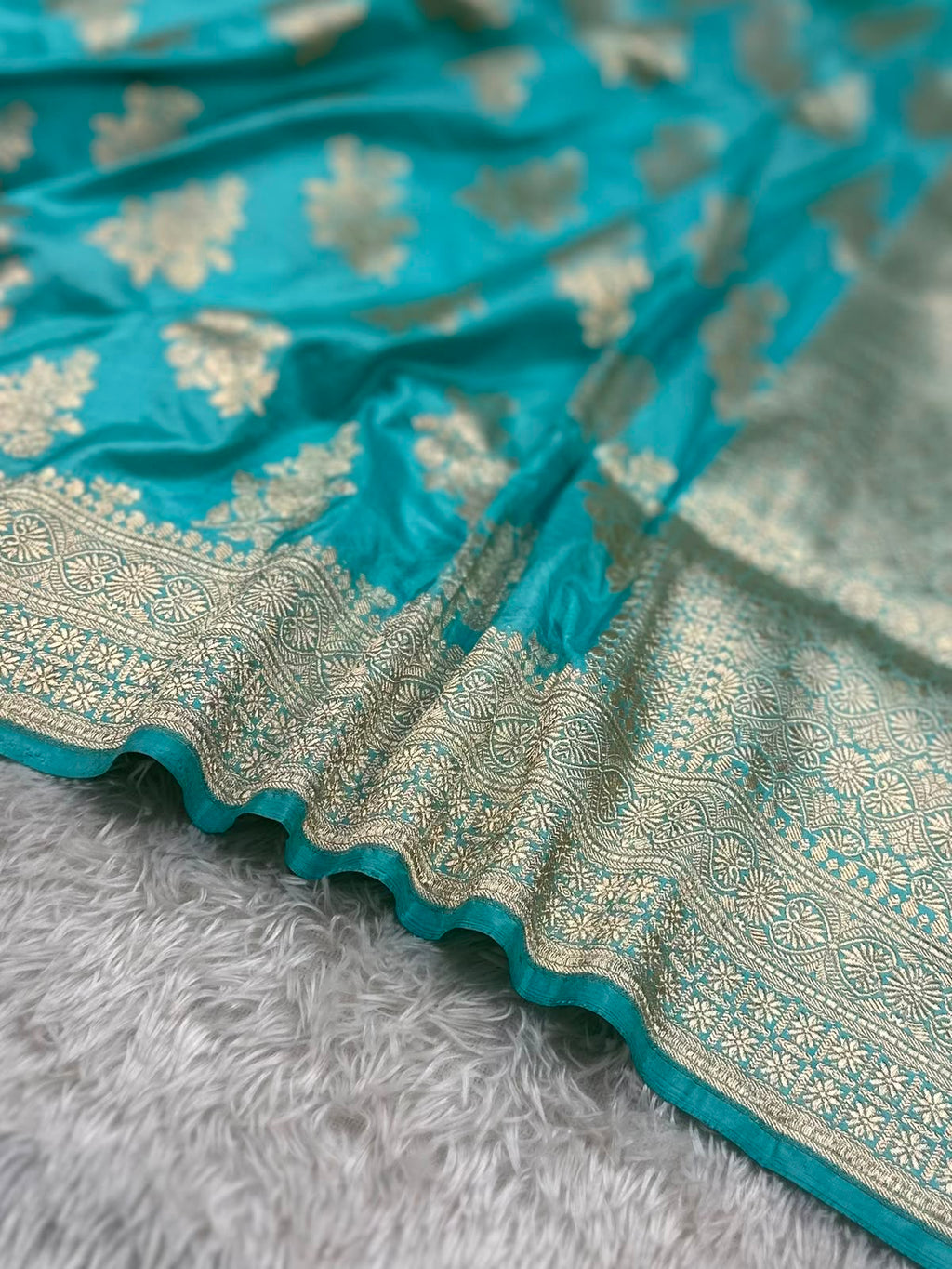 Aqua Blue Pure Katan Silk Banarasi Saree