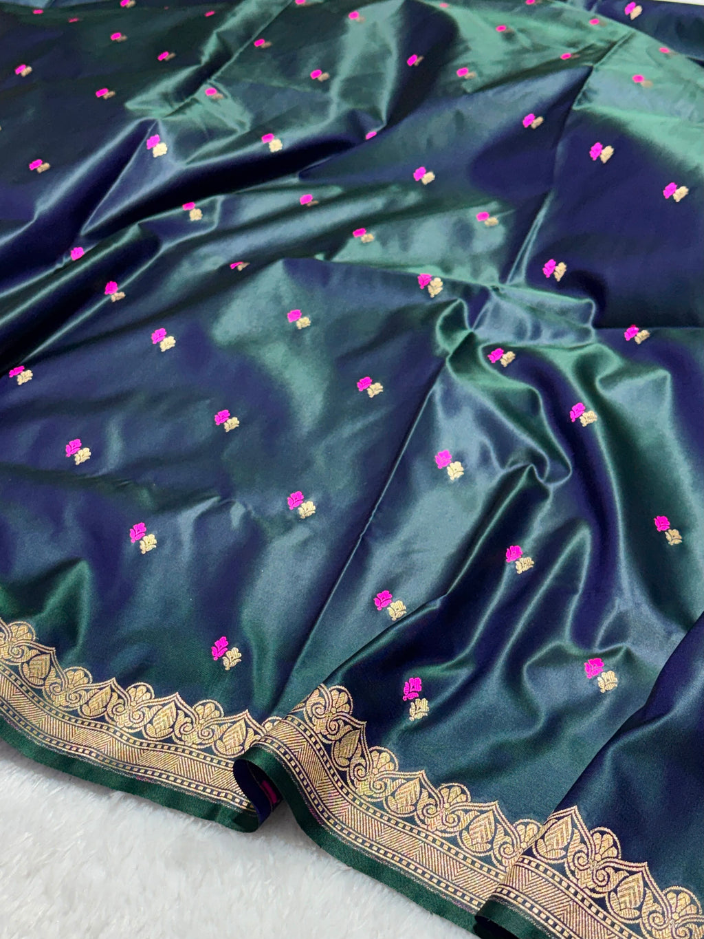 Dot Buta Dark Teal Blue Mashru Silk Banarasi Saree in