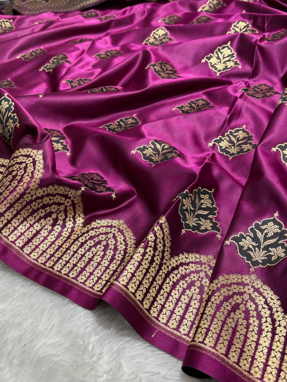 Purple with Gold and Green floral patterns Mashru SIlk Banarasi Saree