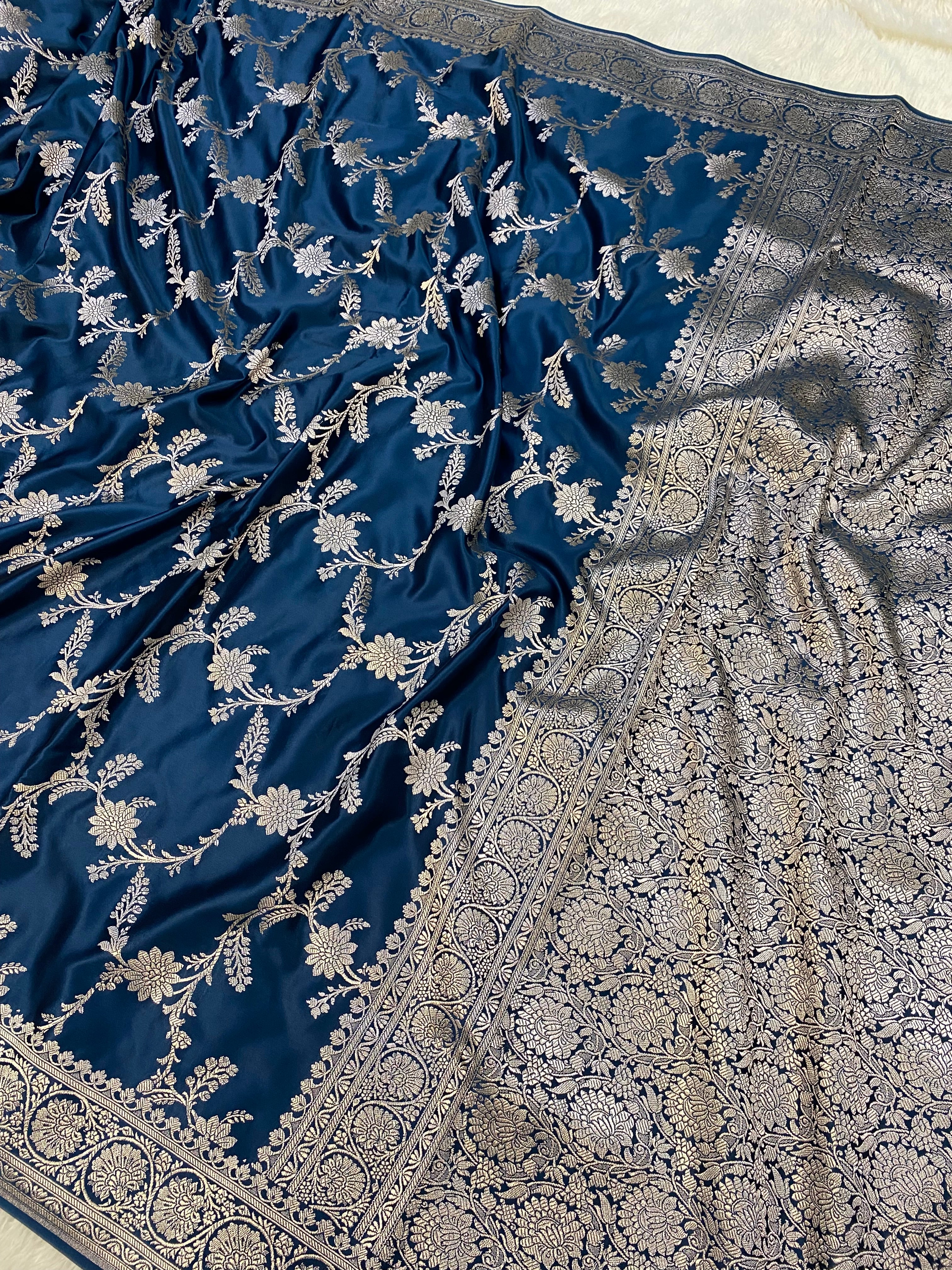 Teal Blue Mashru Silk Banarasi Premiuim Saree in Jaal Pattern