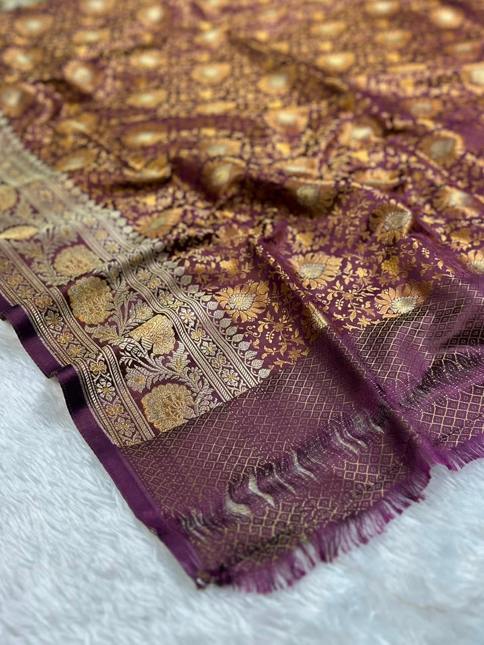 Shade of Purple and Gold Mashru Tanhui Banarasi Saree
