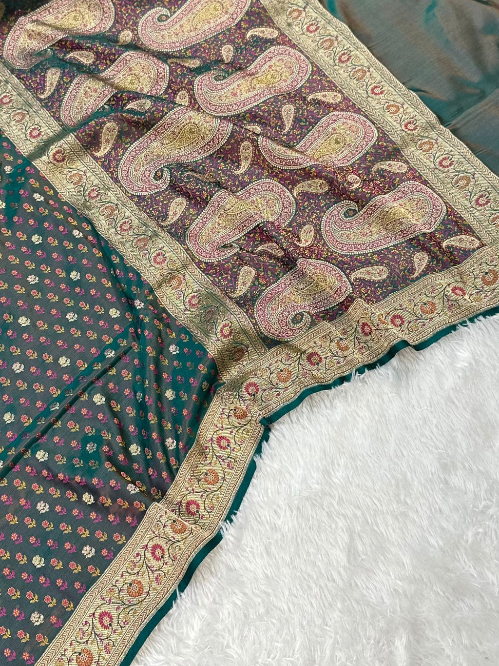 Jamawar Meenedar Buti Satin Katan Silk Banarasi Saree