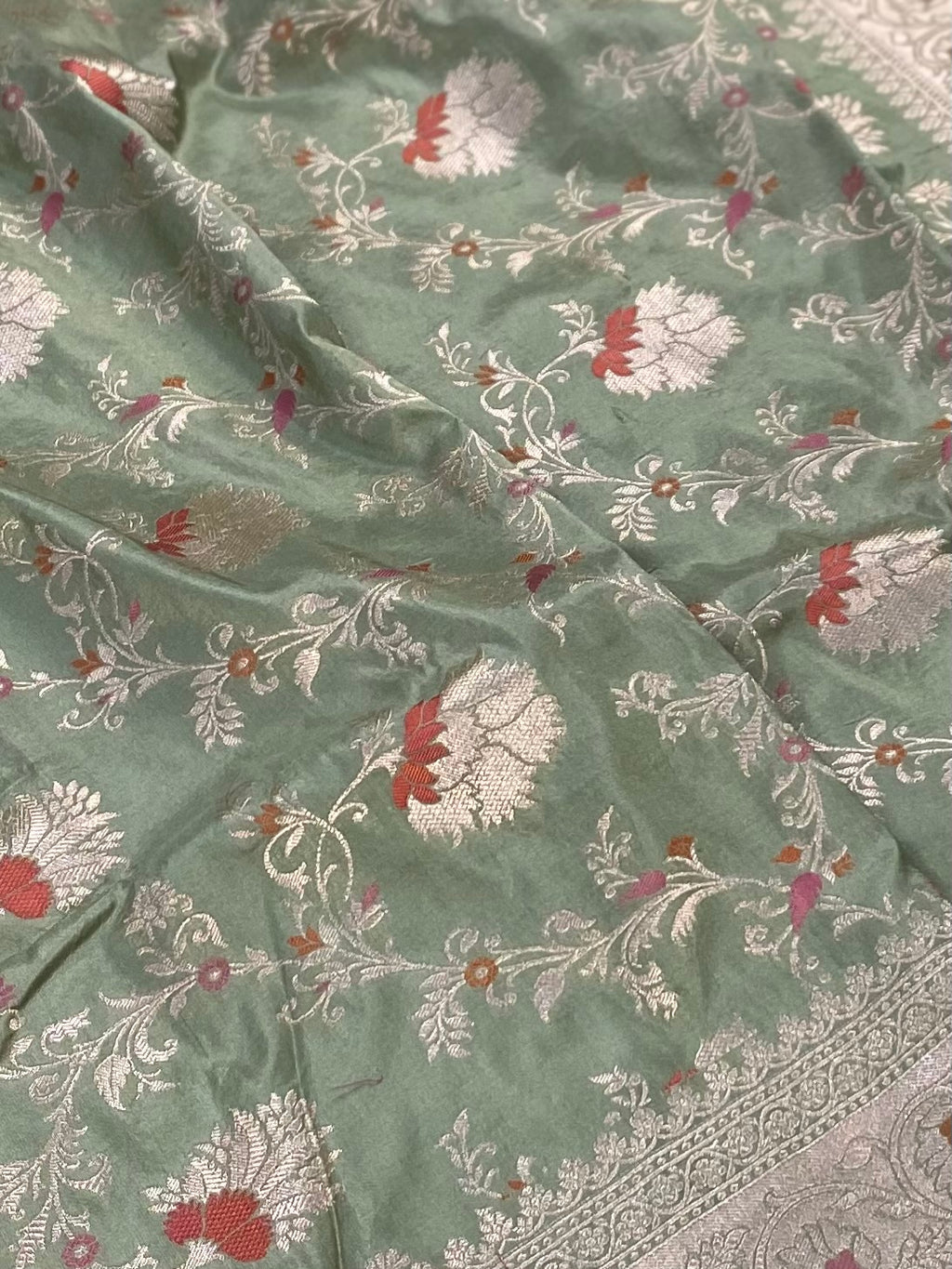 Pista Green Pure Banarasi Silk Saree – Meenakari Jaal | Authentic Banaras