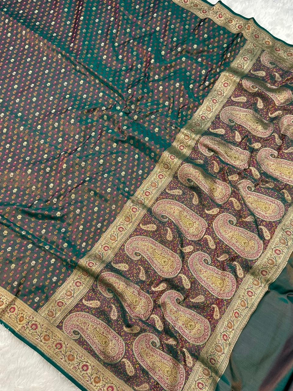 Jamawar Meenedar Buti Satin Katan Silk Banarasi Saree