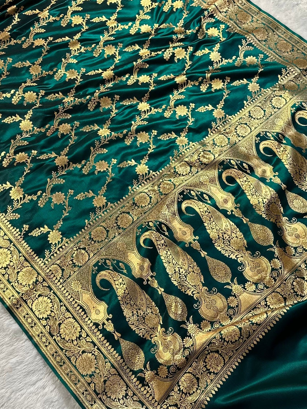 Teal Green Satin Silk Banarasi Jaal Pattern Saree