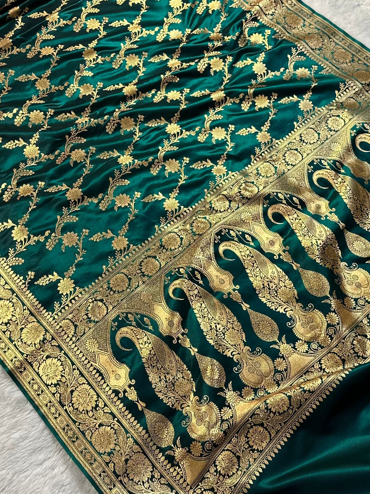 Teal Green Satin Silk Banarasi Jaal Pattern Saree