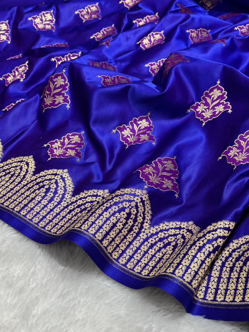 Royal Blue with Gold and Pink floral patterns Mashru SIlk Banarasi Saree