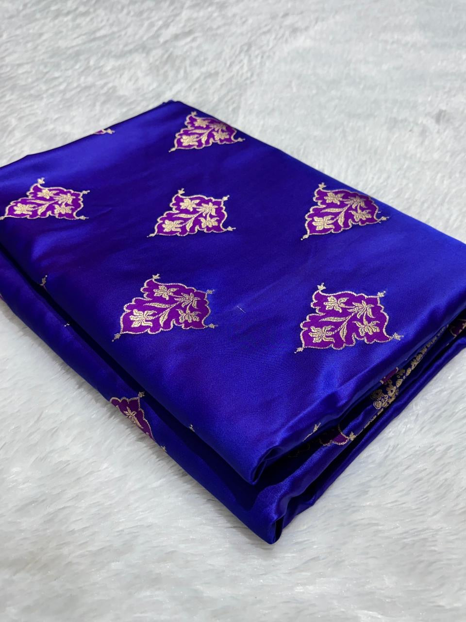 Royal Blue with Gold and Pink floral patterns Mashru SIlk Banarasi Saree